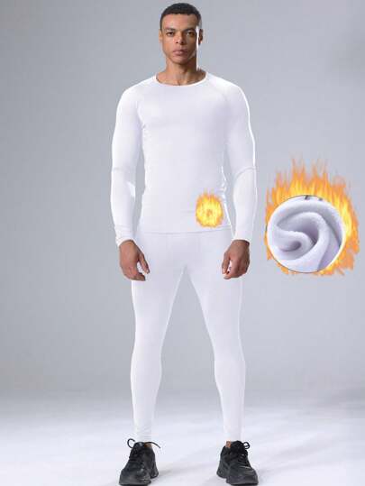 2 件套男友风格男士保暖运动套装、保暖内衬健身服、长袖打底衫和紧身健身套装