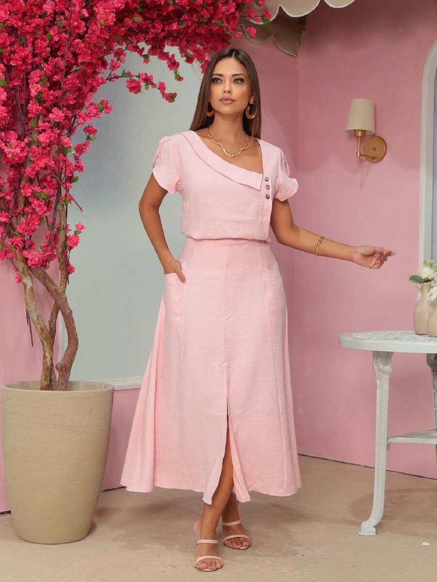 Skirt And Blouse Set In Twill Viscose Short Sleeve Blouse With Boat Neckline Midi Skirt With Flared Model With Pockets And Front Slit - 淺粉色 - 查看 1