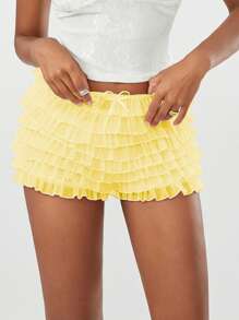 Women's Summer Ruffled Frilly Shorts, Multi-Layer Mesh Short Pants Sweet Cute Bloomers - Yellow - View 5