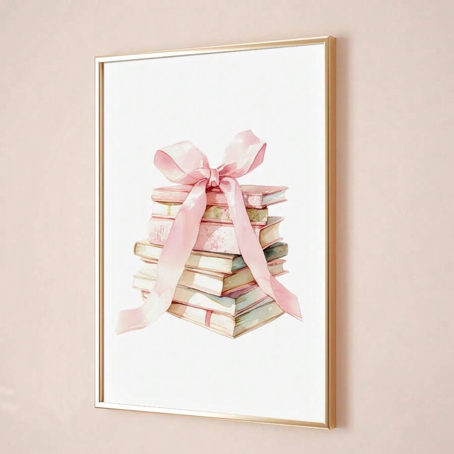 1 本无框书粉色蝴蝶结艺术海报美学少女房间装饰时髦绘画帆布印刷简约墙壁画适用于女孩房间、宿舍、公寓、客厅、卧室、现代家居装饰 - 彩色 - 查看 1