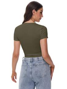 Women's Short Sleeve Square Neck T Shirts Double Lined Basic Tee Slim Fit Tops - xanh quân đội - Xem 2