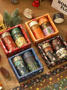 6 卷/盒，复古圣诞和纸胶带套装 - 独特的烫金圣诞图案贴纸卷，用于剪贴簿装饰学生文具装饰胶带礼品包装装饰必需品 - 纸质材料，易于使用 - 彩色 - 查看 11