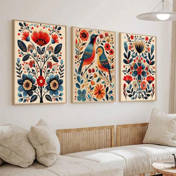 1/3pcs/Set Retro Farmhouse Floral And Bird Canvas Wall Art Prints - Vintage Scandinavian Botanical Theme Poster For Living Room, Bedroom, Hallway, Home Cafe Decor, Portrait Art Prints For Indoor Display, Ideal Gift For Home Decor,Wall Decoration Gift,No Frames Include Gifts Birthday Graduation