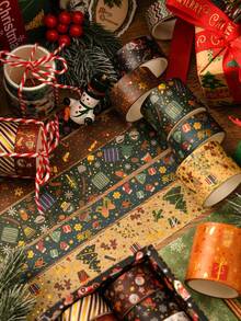 6 卷/盒，复古圣诞和纸胶带套装 - 独特的烫金圣诞图案贴纸卷，用于剪贴簿装饰学生文具装饰胶带礼品包装装饰必需品 - 纸质材料，易于使用 - 彩色 - 查看 5