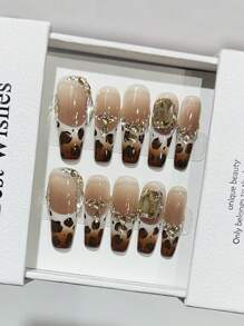 10pcs Long Trapezoid Shaped Ombre White & Brown Leopard Print French Manicure Nail Stickers, Glamorous Atmosphere, Handmade Nail Art Decals Suitable For Daily Wear Nails Handmade Press On Nails - Multicolor - View 1