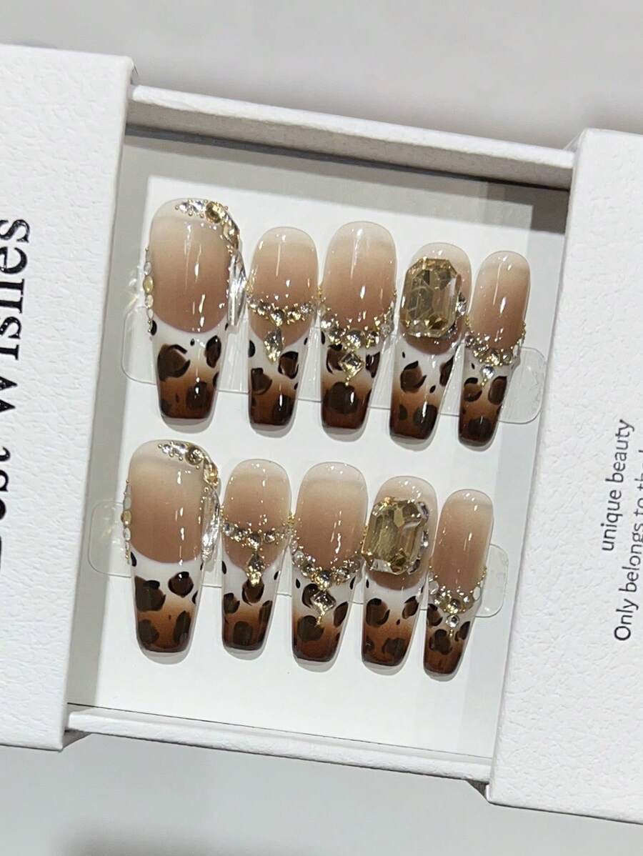 10pcs Long Trapezoid Shaped Ombre White & Brown Leopard Print French Manicure Nail Stickers, Glamorous Atmosphere, Handmade Nail Art Decals Suitable For Daily Wear Nails Handmade Press On Nails - Multicolor - View 1