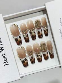 10pcs Long Trapezoid Shaped Ombre White & Brown Leopard Print French Manicure Nail Stickers, Glamorous Atmosphere, Handmade Nail Art Decals Suitable For Daily Wear Nails Handmade Press On Nails - Multicolor - View 2