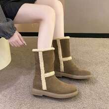 女士时尚舒适防滑厚底靴，新款百搭毛茸茸加厚保暖雪地靴，纯色冬季休闲侧拉链中筒靴 - 棕色 - 查看 1