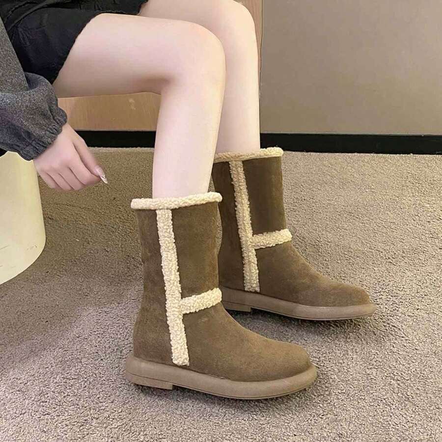 女士时尚舒适防滑厚底靴，新款百搭毛茸茸加厚保暖雪地靴，纯色冬季休闲侧拉链中筒靴 - 棕色 - 查看 1