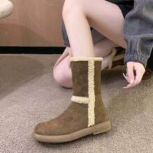 女士时尚舒适防滑厚底靴，新款百搭毛茸茸加厚保暖雪地靴，纯色冬季休闲侧拉链中筒靴 - 棕色 - 查看 2