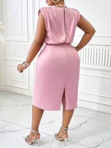 Đầm suông đơn giản không tay cổ tròn màu trơn cỡ lớn đơn giản thường ngày - Bụi hồng - Xem 2