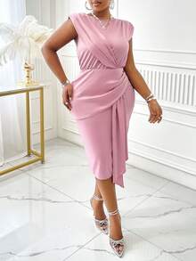 Đầm suông đơn giản không tay cổ tròn màu trơn cỡ lớn đơn giản thường ngày - Bụi hồng - Xem 3