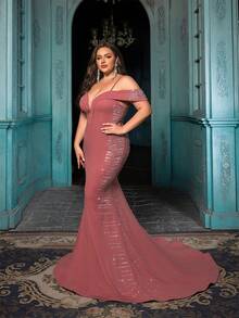 QOQ Glamorous Mature Plus Size Rhinestone Halter Floor Length Women Gown Dresses - Dusty Pink - View 4