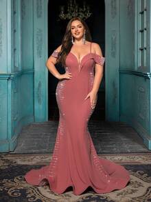 QOQ Glamorous Mature Plus Size Rhinestone Halter Floor Length Women Gown Dresses - Dusty Pink - View 3