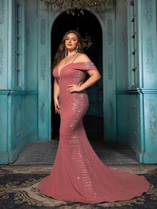 QOQ Glamorous Mature Plus Size Rhinestone Halter Floor Length Women Gown Dresses - Dusty Pink - View 5