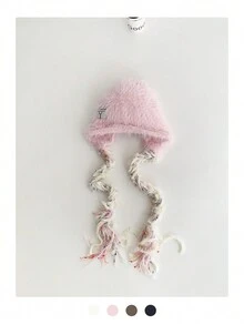 1 件装长发护耳帽，时尚彩色编织无檐便帽，女士保暖针织帽，秋冬季，新款撞色毛绒针织帽带护耳 - 彩色 - 查看 13