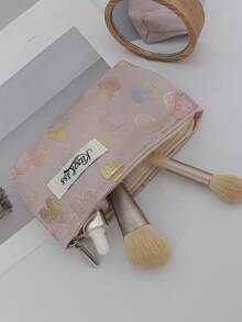 1 件套提花金色爱心手提化妆包，粉色大容量 L 旅行化妆包，简约，L 多功能，帆布化妆包，便携式盥洗包。大开口拉链设计，适用于化妆品、口红、珠宝、指甲护理、护肤品，可存放珠宝、糖果、纸巾、卫生巾、护垫、零钱、钥匙、耳机，可爱的收纳袋，适合女性、旅行、宿舍、学校。女孩的礼物。节日礼物 - 粉色 - 查看 7