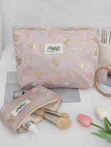 1 件套提花金色爱心手提化妆包，粉色大容量 L 旅行化妆包，简约，L 多功能，帆布化妆包，便携式盥洗包。大开口拉链设计，适用于化妆品、口红、珠宝、指甲护理、护肤品，可存放珠宝、糖果、纸巾、卫生巾、护垫、零钱、钥匙、耳机，可爱的收纳袋，适合女性、旅行、宿舍、学校。女孩的礼物。节日礼物 - 粉色 - 查看 2