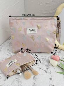1 件套提花金色爱心手提化妆包，粉色大容量 L 旅行化妆包，简约，L 多功能，帆布化妆包，便携式盥洗包。大开口拉链设计，适用于化妆品、口红、珠宝、指甲护理、护肤品，可存放珠宝、糖果、纸巾、卫生巾、护垫、零钱、钥匙、耳机，可爱的收纳袋，适合女性、旅行、宿舍、学校。女孩的礼物。节日礼物 - 粉色 - 查看 10