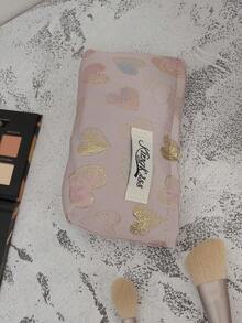 1 件套提花金色爱心手提化妆包，粉色大容量 L 旅行化妆包，简约，L 多功能，帆布化妆包，便携式盥洗包。大开口拉链设计，适用于化妆品、口红、珠宝、指甲护理、护肤品，可存放珠宝、糖果、纸巾、卫生巾、护垫、零钱、钥匙、耳机，可爱的收纳袋，适合女性、旅行、宿舍、学校。女孩的礼物。节日礼物 - 粉色 - 查看 5