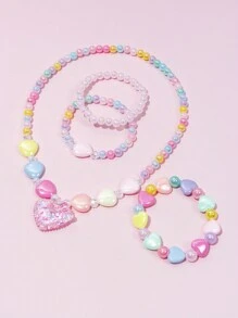 Bộ 4 chiếc/Bộ mặt dây chuyền hình trái tim cho bé gái, Bộ trang sức vòng tay hạt cườm, Thích hợp cho tiệc ngày lễ, Quà tặng sinh nhật, Trang phục hàng ngày, Màu ngẫu nhiên - Nhiều màu - Xem 7