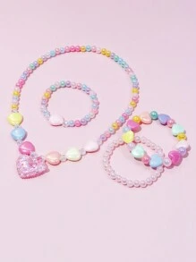 Bộ 4 chiếc/Bộ mặt dây chuyền hình trái tim cho bé gái, Bộ trang sức vòng tay hạt cườm, Thích hợp cho tiệc ngày lễ, Quà tặng sinh nhật, Trang phục hàng ngày, Màu ngẫu nhiên - Nhiều màu - Xem 5