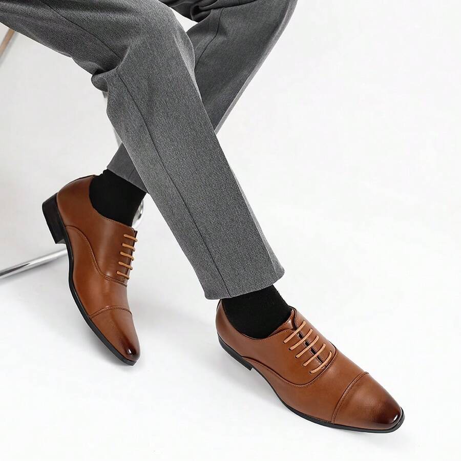 Zapatos de piel para hombre Oxford de negocios formales, PU, estilo británico, punta puntiaguda - Marrón - Ver 1