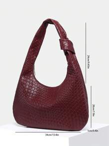 1个女士复古简约休闲仿皮安哥拉红编织纹理大容量单肩包，适合外出、约会、通勤。