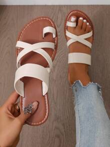 韩国时尚休闲平底凉鞋夏季露趾拖鞋，新款流行法式白色 - 米色 - 查看 1