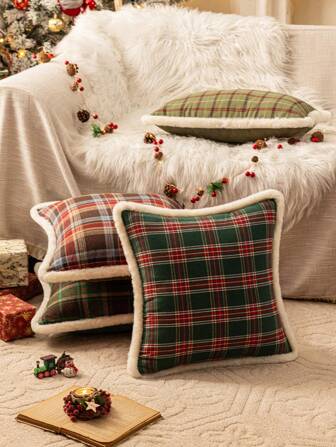 1pc Beige, Red & Green Plaid Rabbit Fur Trimmed Pillow Cover, Farmhouse Style Polyester Rectangular Plaid Cushion Cover Suitable For Living Room, Bedroom, Home Christmas Decor, Autumn/Winter