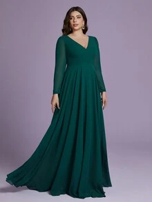 Plus Size Women V-Neck Long Sleeve Chiffon Swing Bridesmaid Dress - Blue - View 4