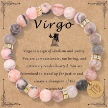 1 pieza Nuevo brazalete de cuentas de jaspe rosa con estampado de cebra de 8mm, Pulsera elástica con 12 signos del zodíaco, Juego de pulseras para pareja, Regalo de cumpleaños de joyería