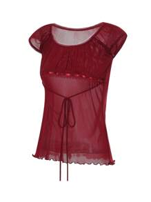 Women Y2k Fairy Grunge Tees Short Sleeve See Through Lace Up T-Shirt Vintage Crop Tops Aesthetic Clothes E-Girl Streetwear - 紅色 - 查看 7