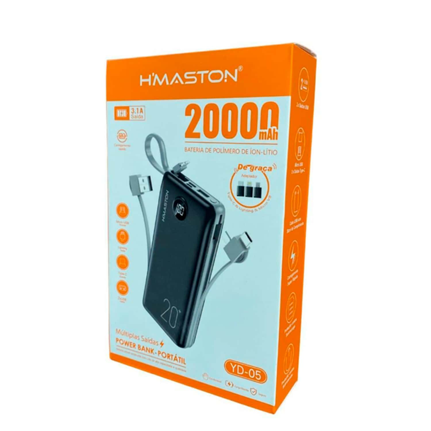 Portable Power Bank Charger + 4 Cables 20000mah AGold/Kaidi/H'maston - màu đen - Xem 4