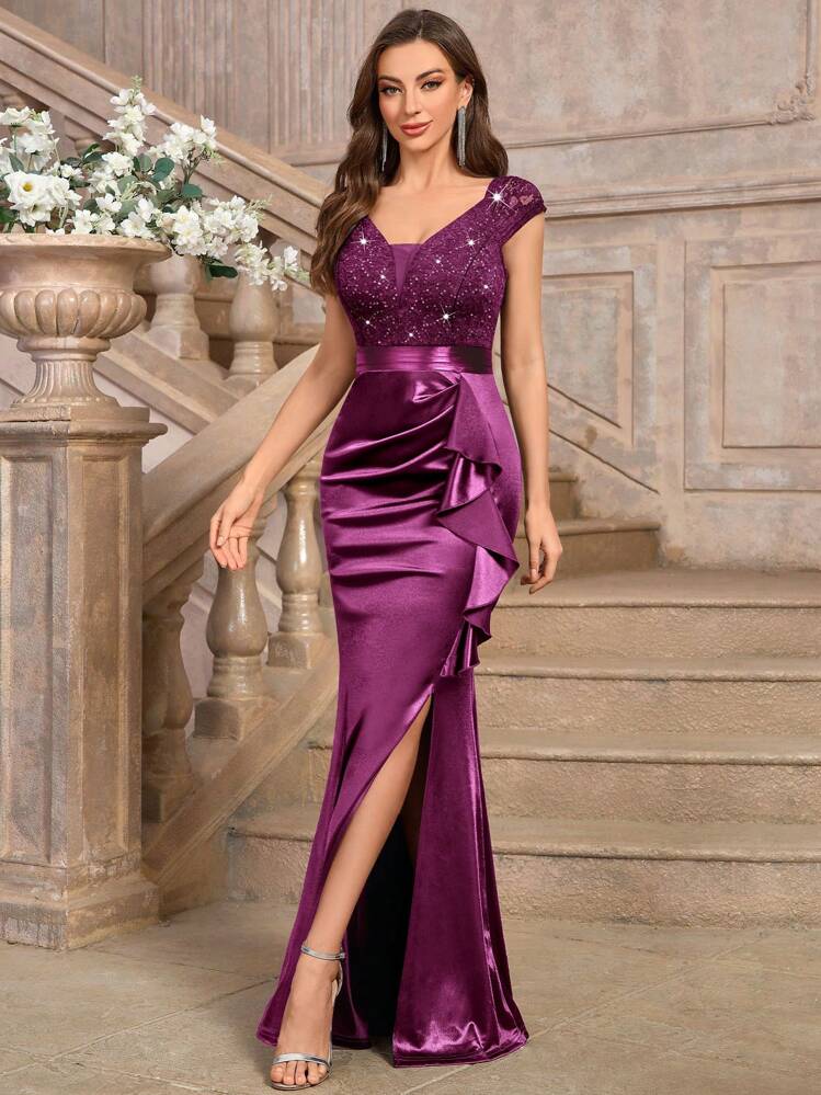 MIUSOL Deep V-Neck Contrast Sequin Lace Ruffle Mermaid Hem Satin Evening Party Maxi Dress - Maroon - View 5