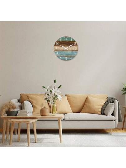 1pc Large Vintage Distressed Faux Wood Grain Pattern Wand Clock, 10 16 Inches Round Silent Battery Operated Klok Living Room, Bedroom, Farmho Kitchen, Home Friends (Batteries Not Included) Room view 4