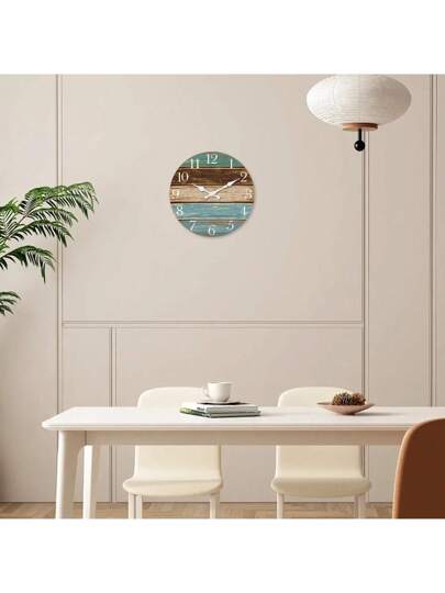 1pc Large Vintage Distressed Faux Wood Grain Pattern Wand Clock, 10 16 Inches Round Silent Battery Operated Klok Living Room, Bedroom, Farmho Kitchen, Home Friends (Batteries Not Included) Room view 2