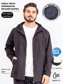 男友风男士防水风衣夹克，带衬里和兜帽 - 您值得拥有的保护 - 黑色 - 查看 1