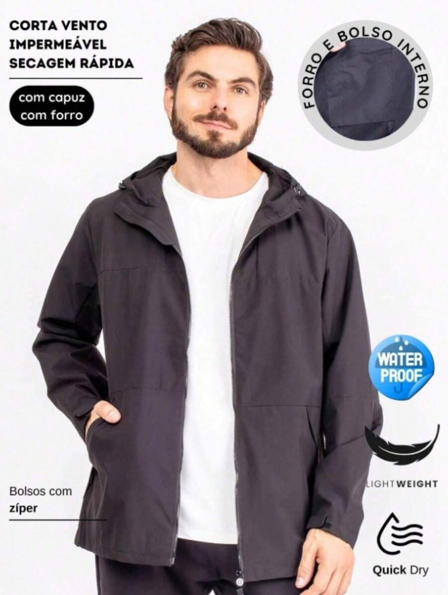 男友风男士防水风衣夹克，带衬里和兜帽 - 您值得拥有的保护 - 黑色 - 查看 1