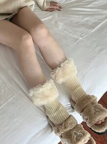 1/2 Pairs Of Women's Contrast Fluffy Trim Leg Warmers, Ankle Protection,Small Size Deviation, The Hairy Part Is Easy To Fall Off,Warm Plush Knitted Leg Warmer, JK Cute College Style, Suitable For Autumn And Winter Wear. Cozy - Multicolor - View 8