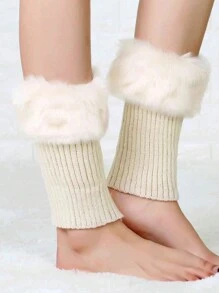 1/2 Pairs Of Women's Contrast Fluffy Trim Leg Warmers, Ankle Protection,Small Size Deviation, The Hairy Part Is Easy To Fall Off,Warm Plush Knitted Leg Warmer, JK Cute College Style, Suitable For Autumn And Winter Wear. Cozy - Multicolor - View 3