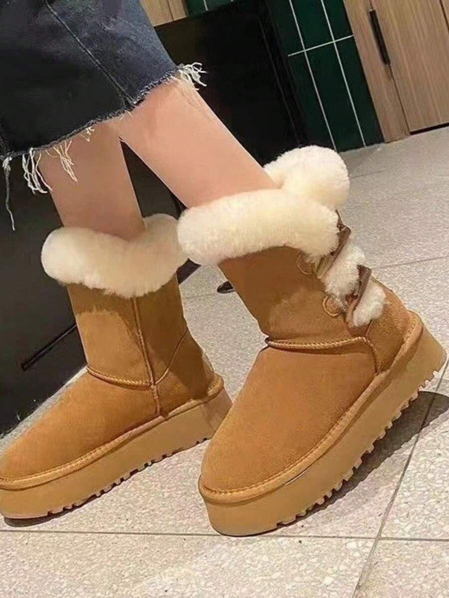 Thick Sole Snow Boots, Vintage Buckle Design, Warm Thermal Lined, Lightweight Casual Comfortable Outdoor Sports Snow Boots