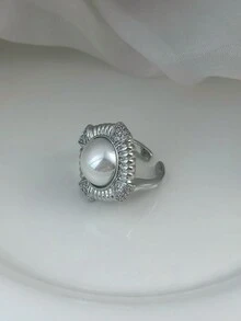 1 件时尚微镶嵌夸张珍珠和锆石戒指，适合女性 - 方塊 - 查看 3