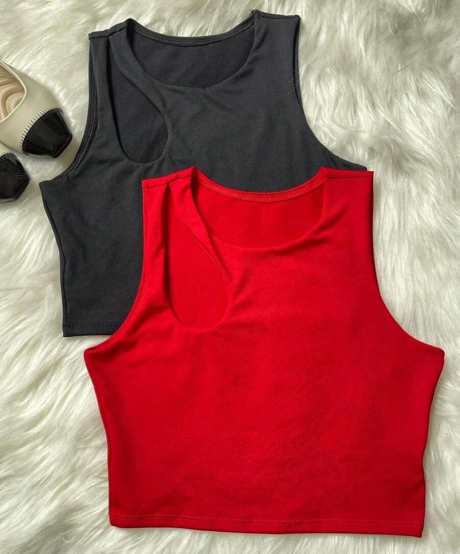 BIA KIT WITH 2 WOMEN'S CROPPED TOPS IN SUPLEX FABRIC WITH HOLE DETAIL ON THE SHOULDER, SUMMER - 紅色 - 查看 1