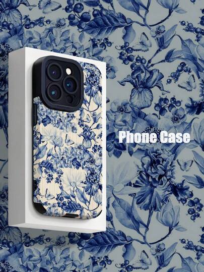 1 Stück Vintage blau Blumen Muster vertikal gestreifter Kunstleder stoßfester weicher Handyhülle kompatibel mit Apple & S15/S15 Plus/S15 Pro/S15 Pro Max wasserdicht kratzfest und sturzfest