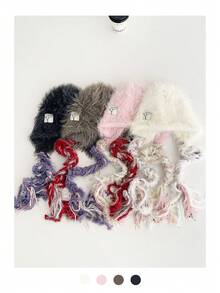 1 件装长发护耳帽，时尚彩色编织无檐便帽，女士保暖针织帽，秋冬季，新款撞色毛绒针织帽带护耳 - 彩色 - 查看 1