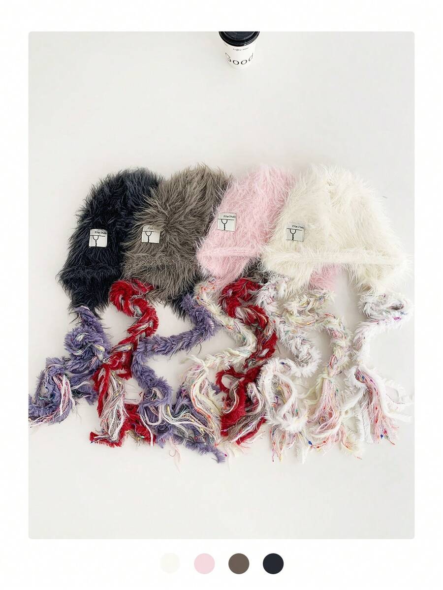 1 件装长发护耳帽，时尚彩色编织无檐便帽，女士保暖针织帽，秋冬季，新款撞色毛绒针织帽带护耳 - 彩色 - 查看 1