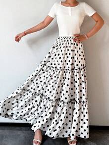 Women's Vacation - Fashionable Elegant Romantic Layered Contrast Polka Dot Skirt - White - View 6