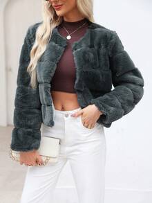 Áo khoác dài tay mềm mại màu trơn cho nữ, mùa đông - Xám - Xem 4