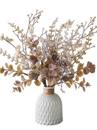 1 束人造植物仿松果和桉树茎假雪树枝适用于秋冬装饰家居婚礼派对餐桌装饰、情人节、生日毕业礼物